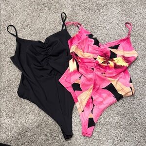 H&M Black & Pink Tropical One-Piece Swimsuits sz L